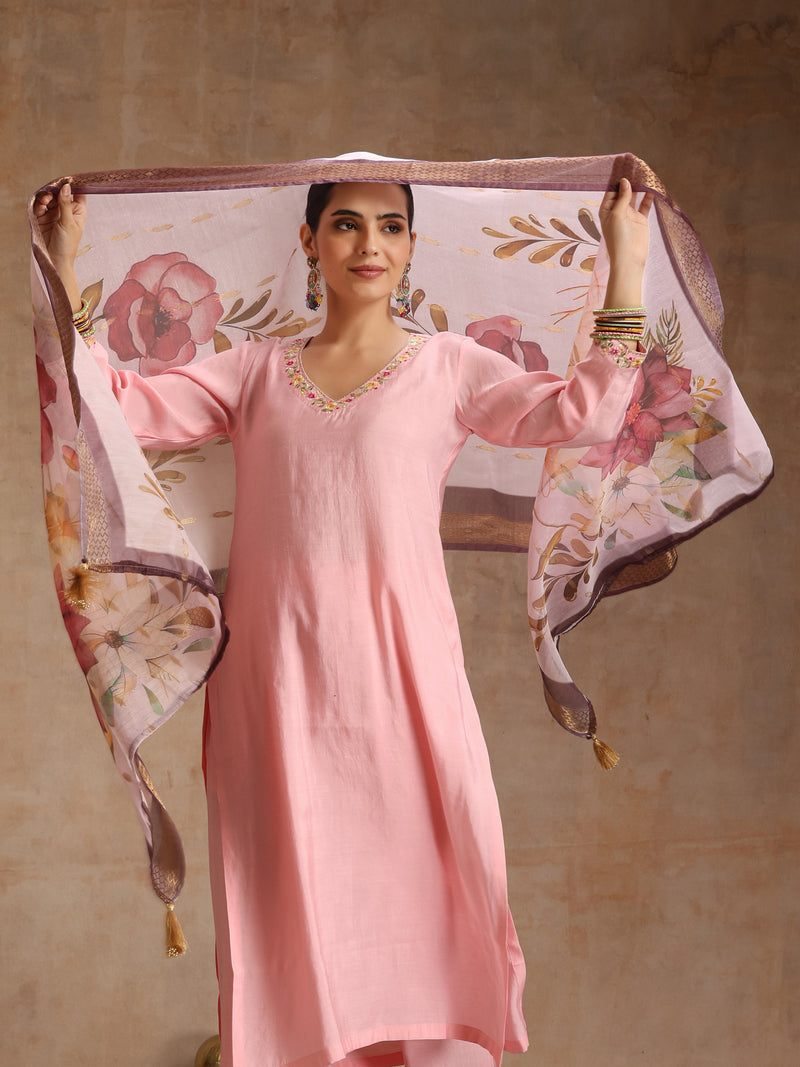 Khushal K Women Pure Silk pink Embroidered Kurta & Palazzo With Dupatta