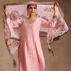 Khushal K Women Pure Silk pink Embroidered Kurta & Palazzo With Dupatta