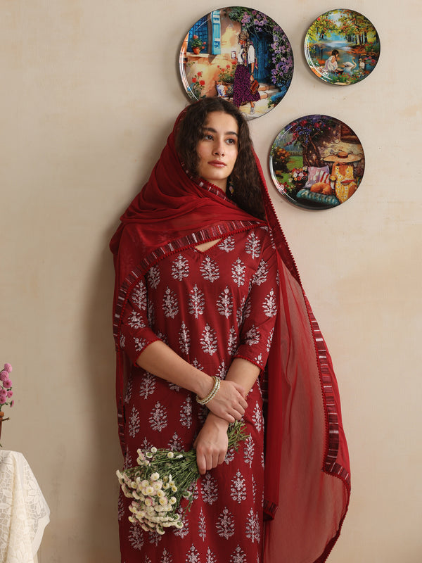 Khushal K Women Floral Printed Regular Pure Cotton Maroon Kurta & Palazzo With Dupatta