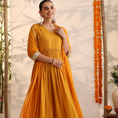 Khushal K Women Cotton Kurta and Palazzo With Dupatta Set - Mustard