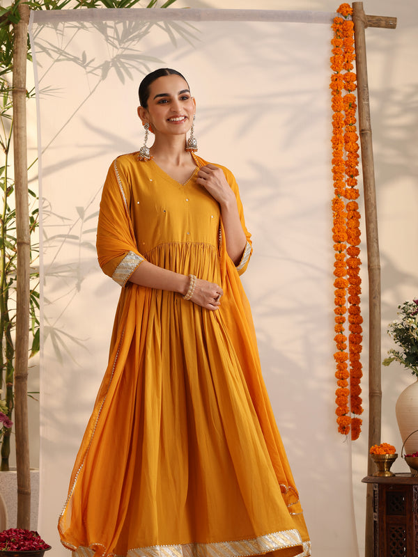Khushal K Women Cotton Kurta and Palazzo With Dupatta Set - Mustard