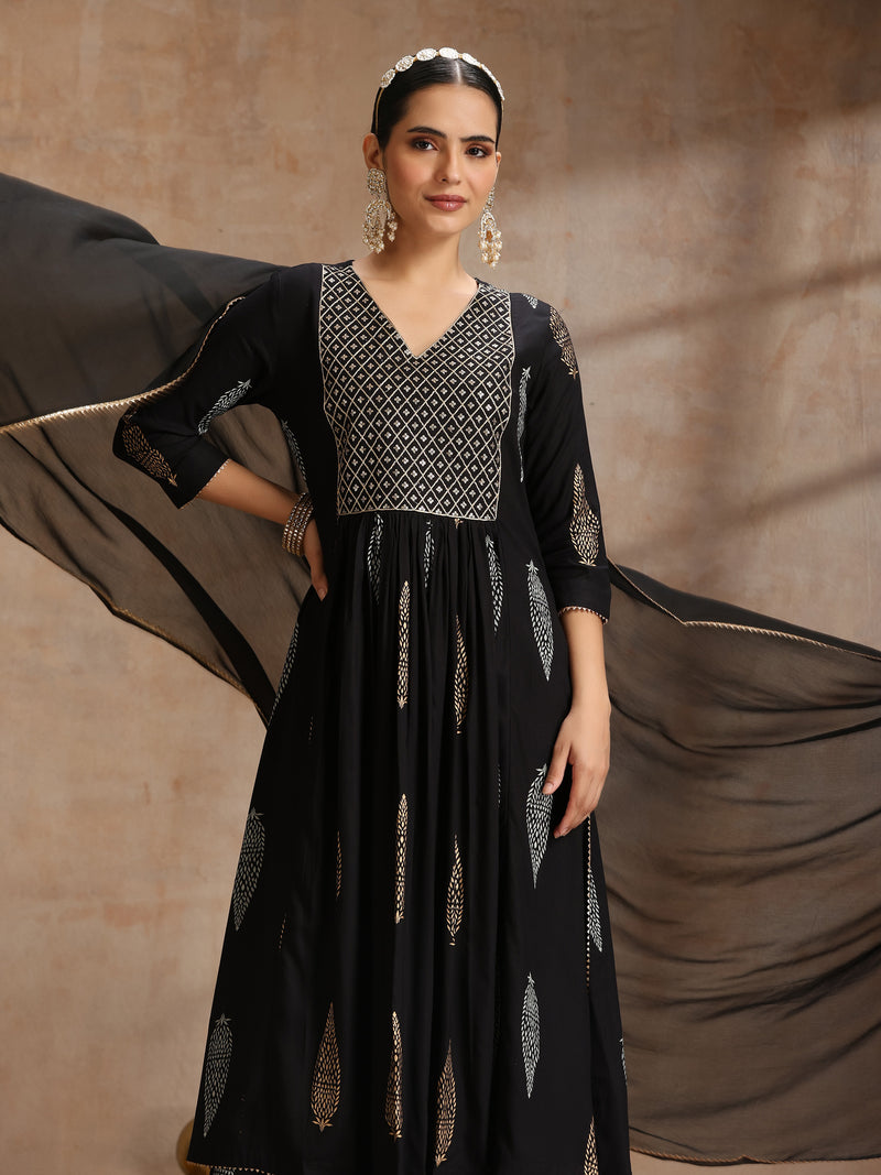 Ethnic Motifs Printed V-Neck Empire A-Line Kurta With Trousers & Dupatta
