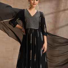 Ethnic Motifs Printed V-Neck Empire A-Line Kurta With Trousers & Dupatta
