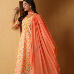 Geometric Printed Pure Cotton Straight Kurta With Palazzo And Dupatta