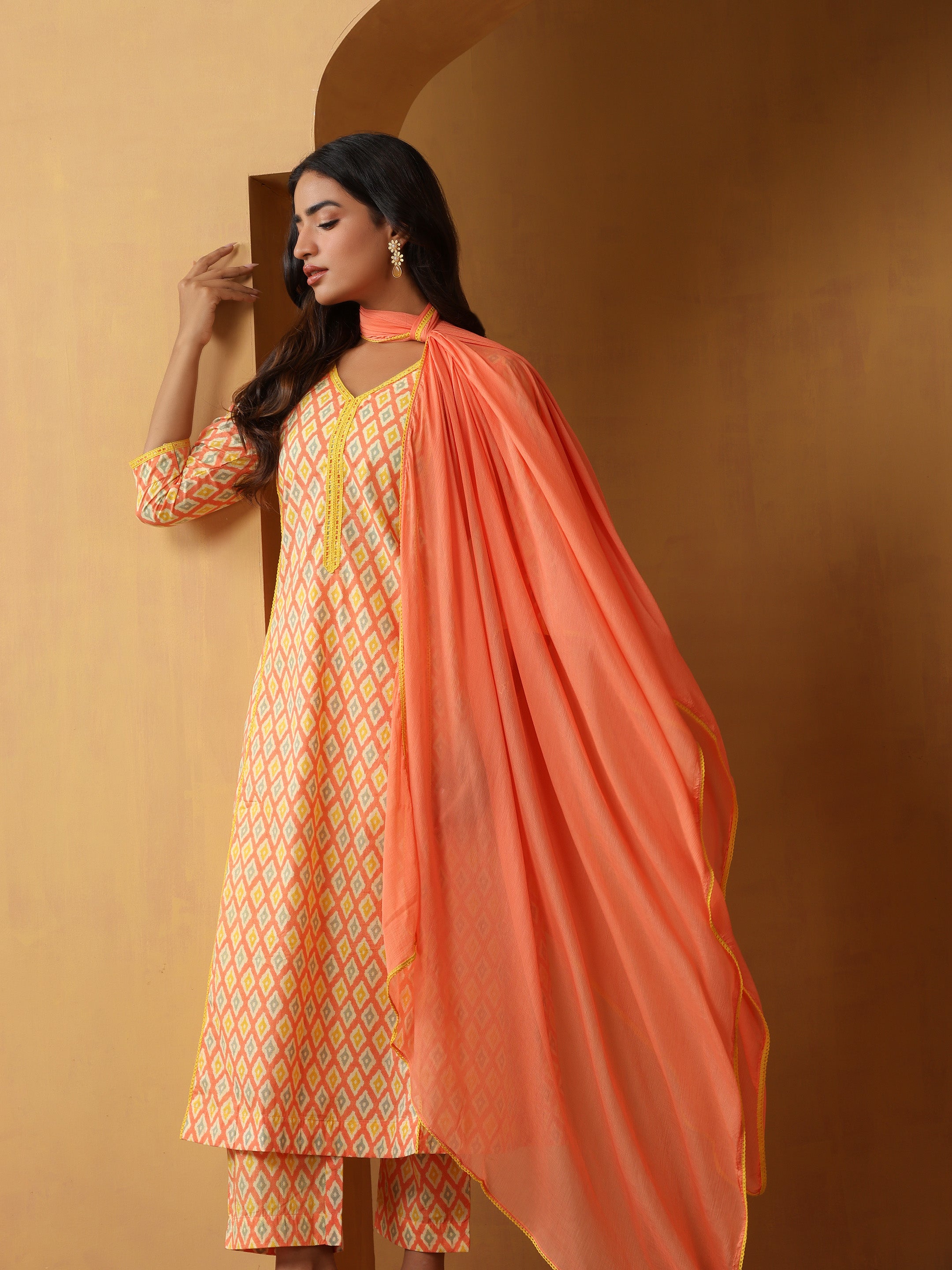 Geometric Printed Pure Cotton Straight Kurta With Palazzo And Dupatta