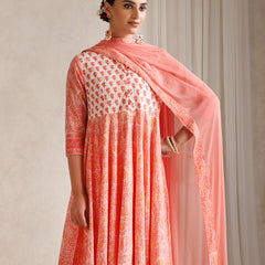 Floral Printed Mandarin Collar Pure Cotton Anarkali Kurta & Palazzos & Dupatta