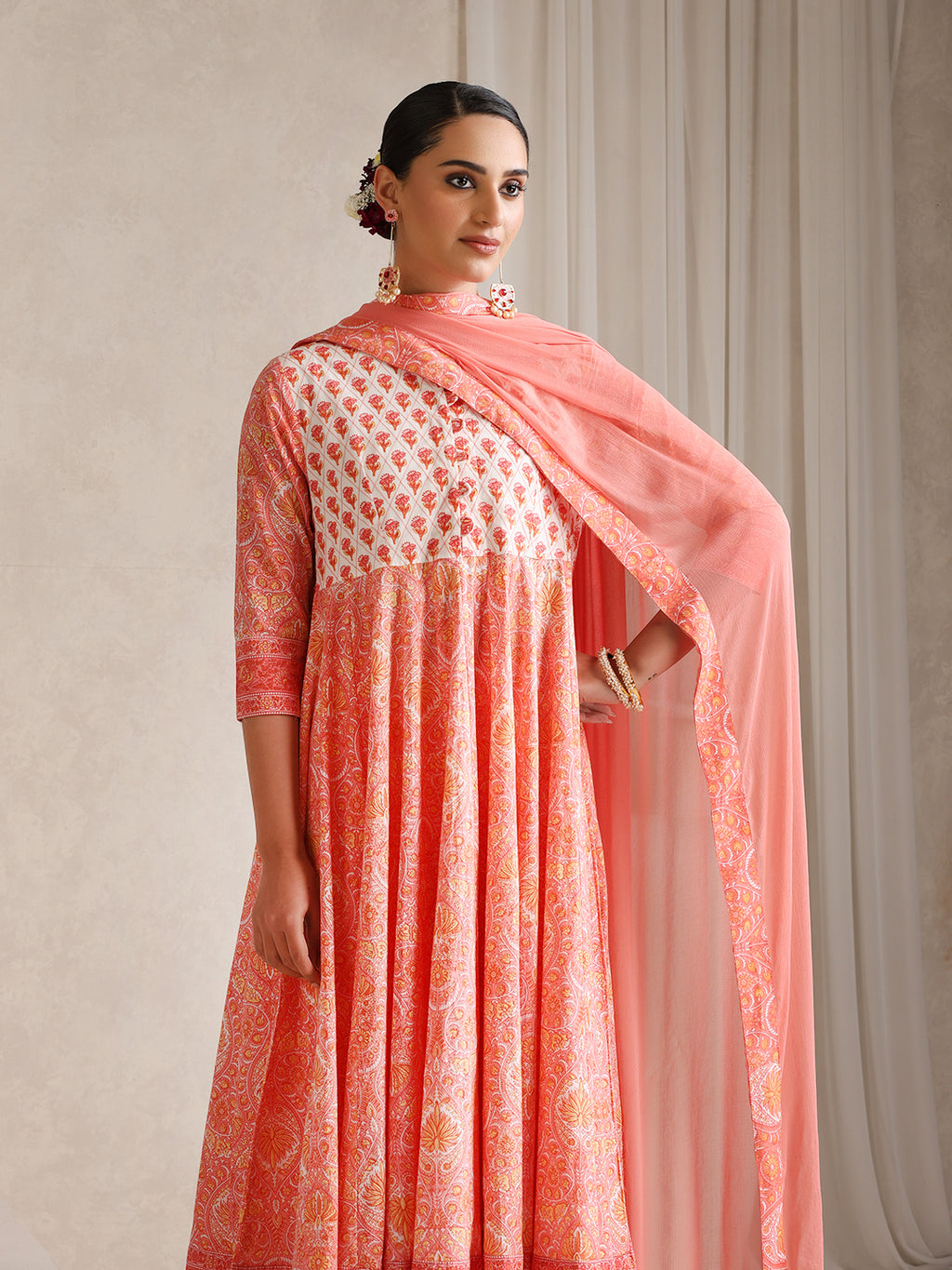 Floral Printed Mandarin Collar Pure Cotton Anarkali Kurta & Palazzos & Dupatta