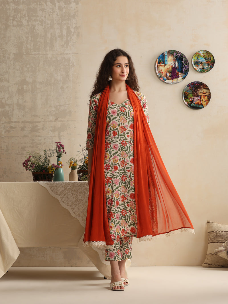 Khushal K Women Floral Printed Regular Pure Cotton White Kurta & Palazzo With Dupatta
