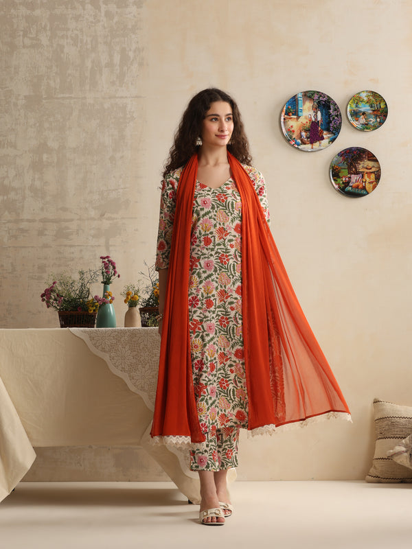 Khushal K Women Floral Printed Regular Pure Cotton White Kurta & Palazzo With Dupatta