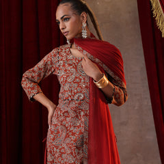 Khushal K Women Cotton kurta and palazzo with dupatta set - Rust