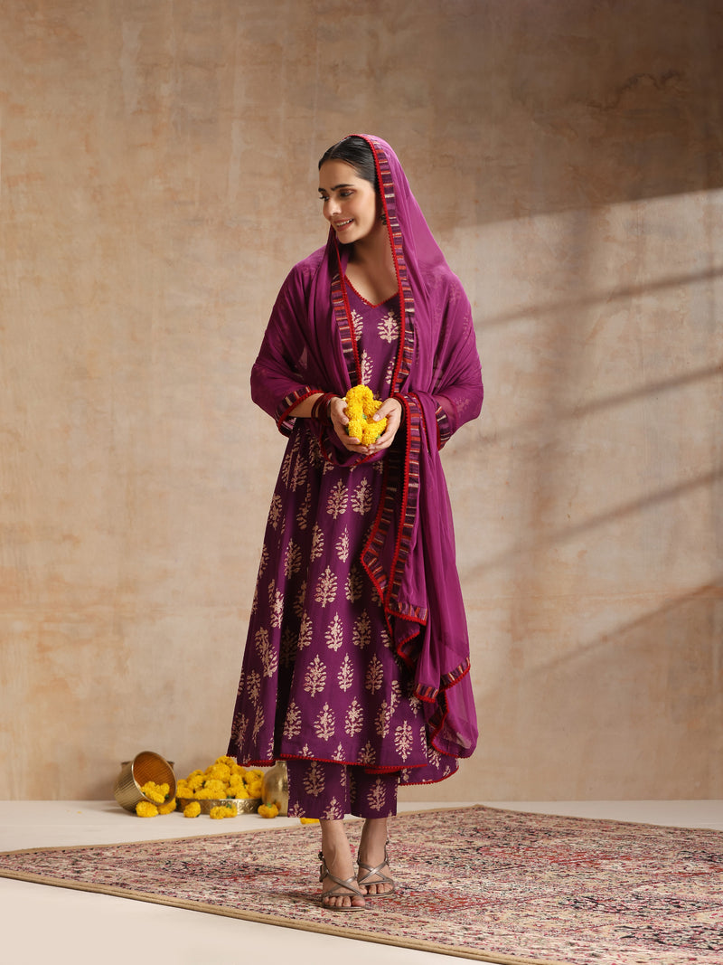 Purple, maroon & gold-toned printed kurta with trouser & dupatta