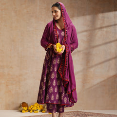 Purple, maroon & gold-toned printed kurta with trouser & dupatta