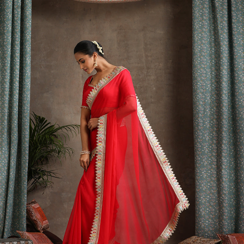 Red Poly Chiffon Fashion Saree - Khushal K - Image 4