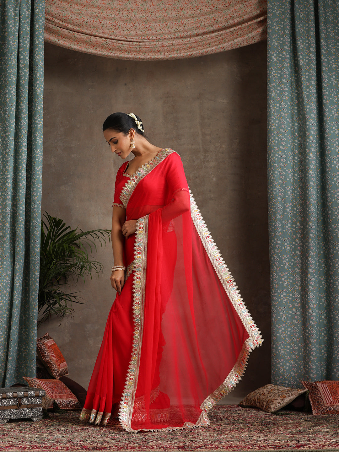 Red Poly Chiffon Fashion Saree