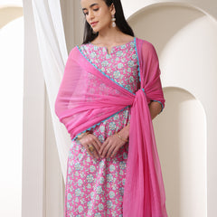Khushal K Floral Printed Notch Neck Cotton Straight Kurta set
