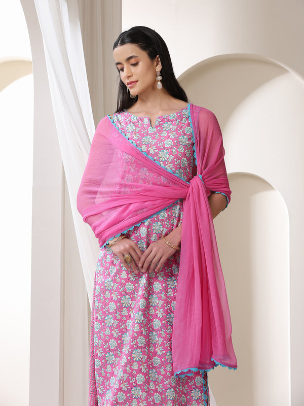 Khushal K Floral Printed Notch Neck Cotton Straight Kurta set