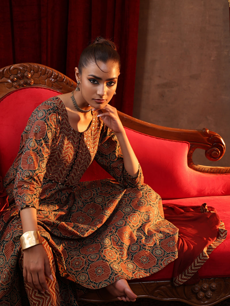 Khushal K Women Cotton kurta and palazzo with dupatta set - Rust
