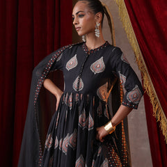 Khushal K Women Cotton kurta and palazzo with dupatta set - Black