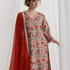 Floral Printed V-Neck Pure Cotton A-Line Kurta With Palazzos And Dupatta