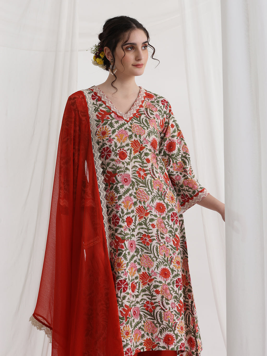 Floral Printed V-Neck Pure Cotton A-Line Kurta With Palazzos And Dupatta