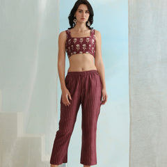 Printed Crop Top & Striped Pant Set with Jacket