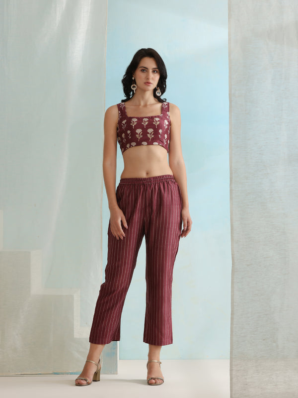 Printed Crop Top & Striped Pant Set with Jacket