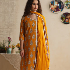 Khushal K Women Floral Printed Regular Pure Cotton Mustard Kurta & Palazzo With Dupatta