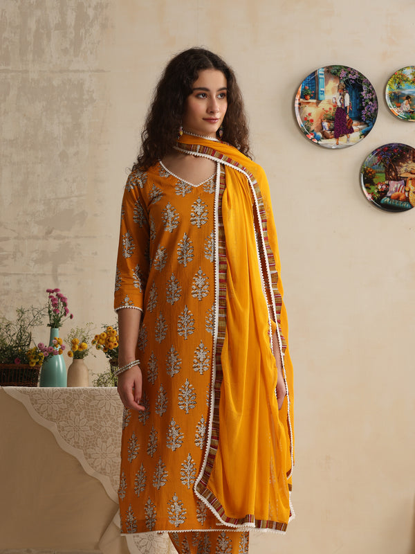 Khushal K Women Floral Printed Regular Pure Cotton Mustard Kurta & Palazzo With Dupatta