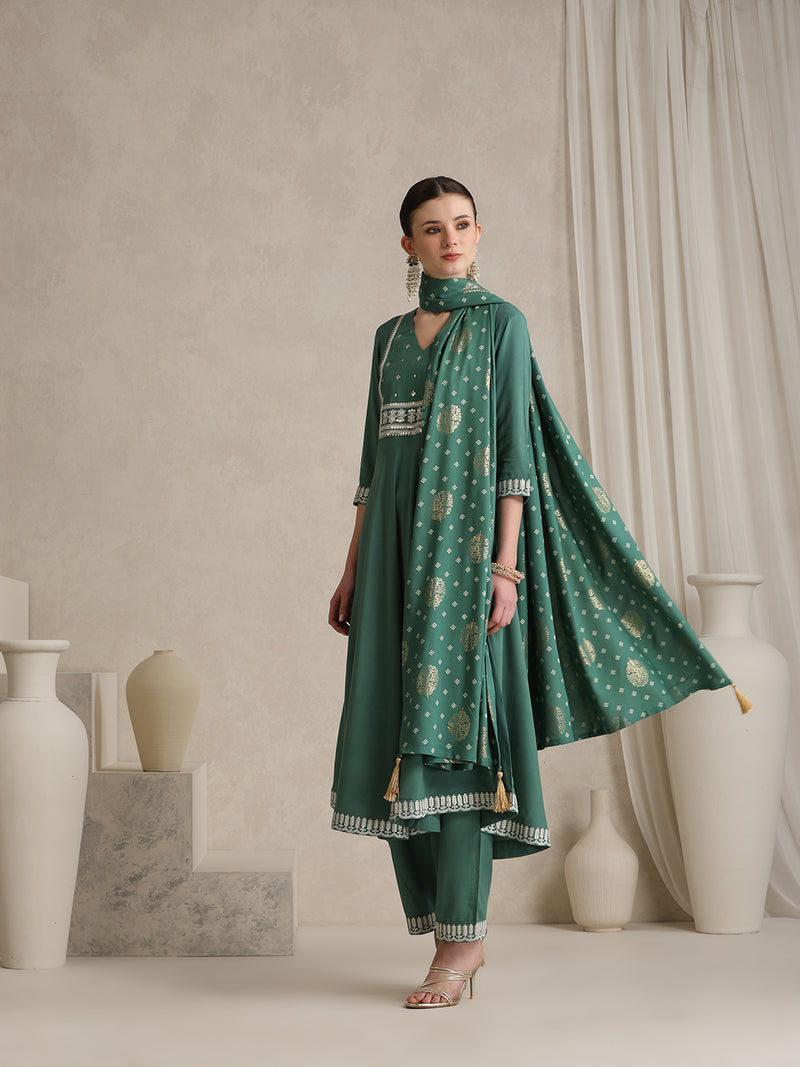 Khushal K Ethnic Motifs Green  Anarkali Sequinned Kurta set
