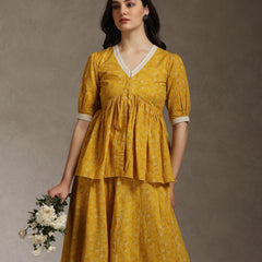 Yellow Printed Co-Ord Set with Lace Detil
