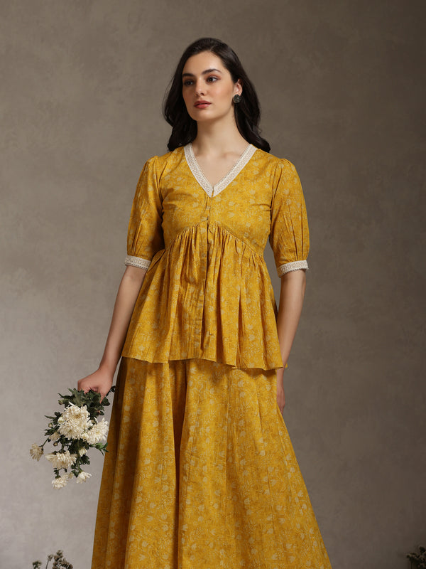 Yellow Printed Co-Ord Set with Lace Detil
