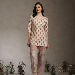 Floral Printed Cotton V-Neck Tunic With Trouser Co-Ords