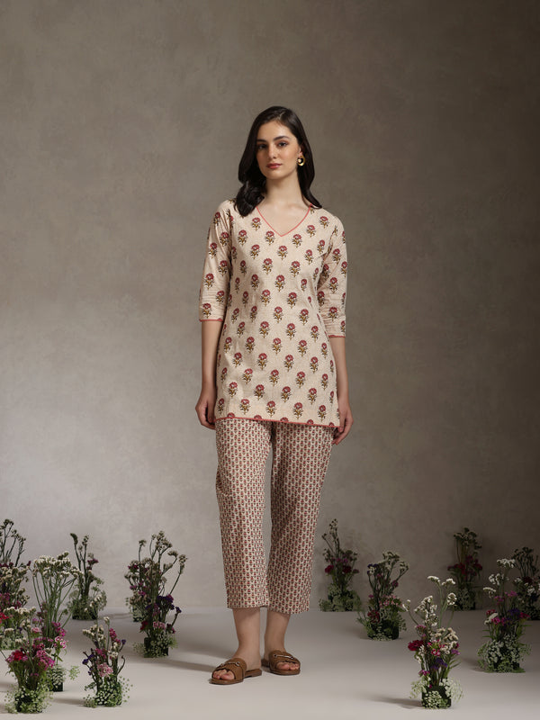 Floral Printed Cotton V-Neck Tunic With Trouser Co-Ords