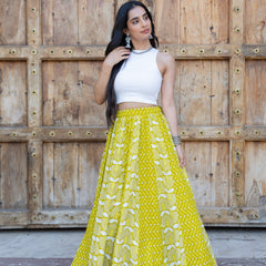 Khushal K Women's Green Printed Cotton Flared Maxi Skirt