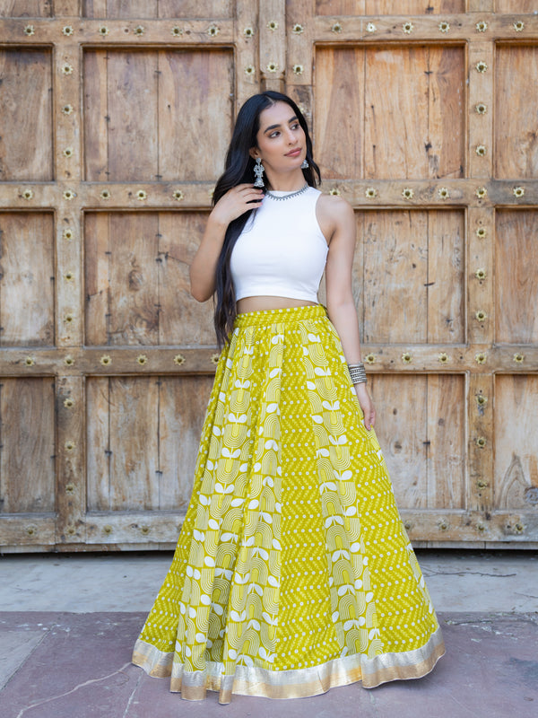 Khushal K Women's Green Printed Cotton Flared Maxi Skirt