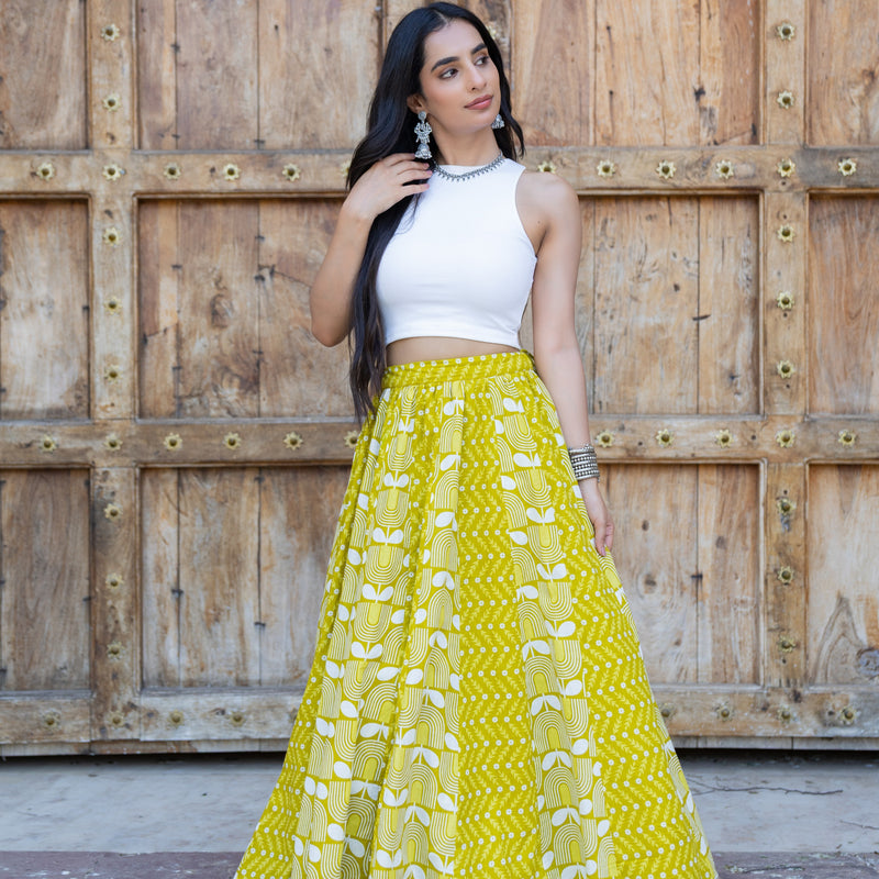 Khushal K Women's Green Printed Cotton Flared Maxi Skirt