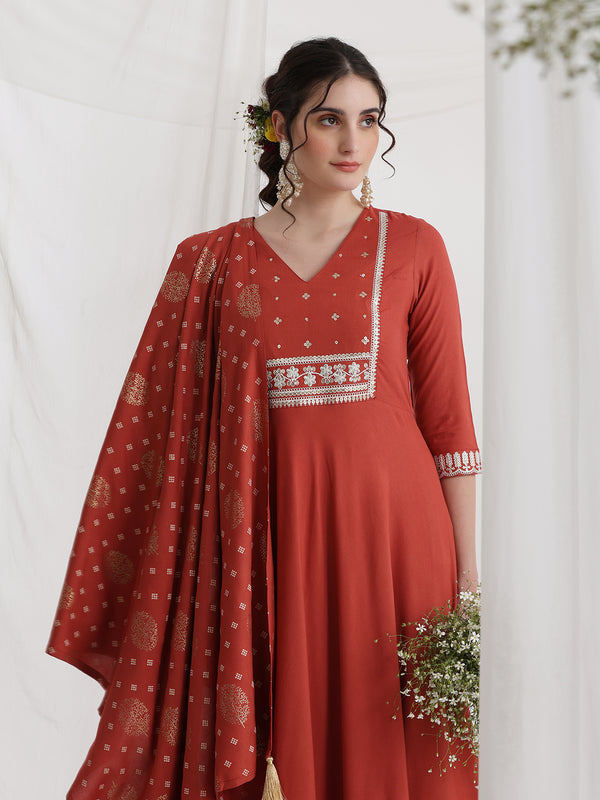 Khushal K Ethnic Motifs Rust  Anarkali Sequinned Kurta set