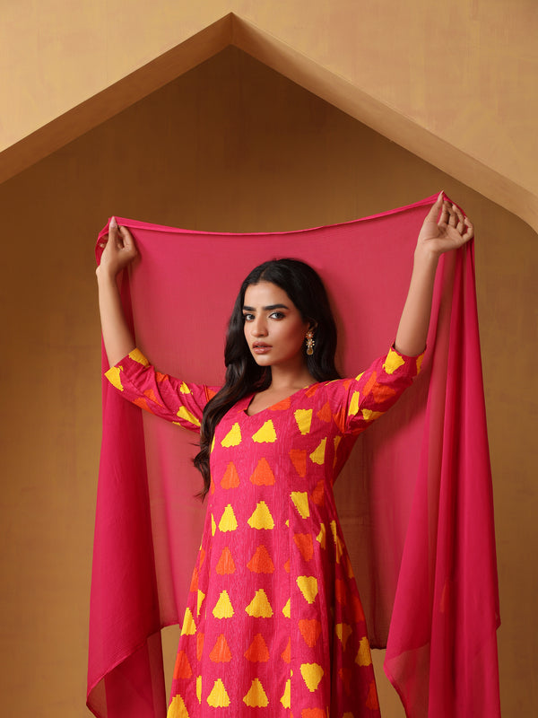 Khushal K Geometric Printed V-Neck Pure Cotton A-Line Kurta set