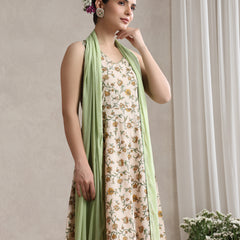 Women Cream-coloured printed Kurta with Palazzos with dupatta