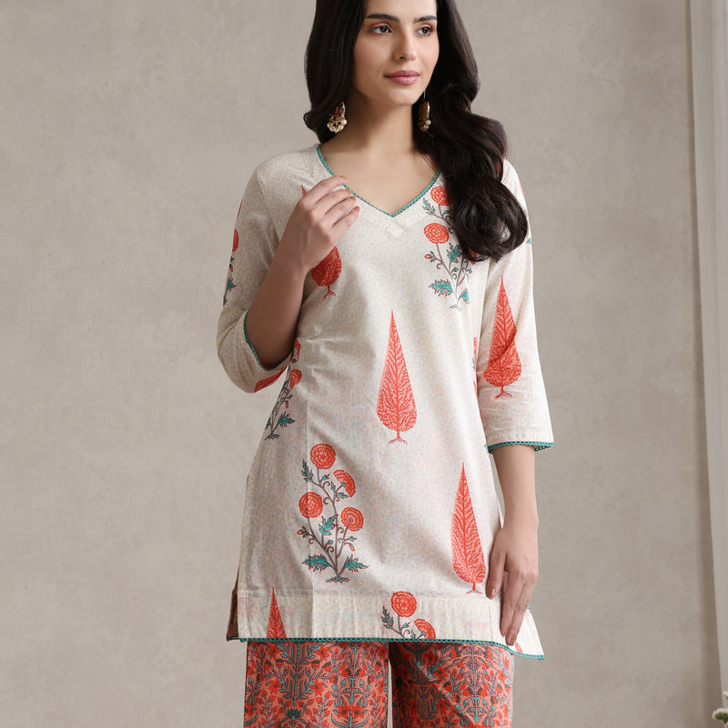 Printed Cotton V-Neck Tunic with Palazzo Co-Ords - White - Khushal K - Image 4