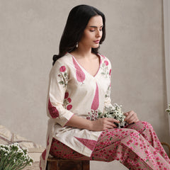 Floral Printed Cotton V-Neck Tunic With Trouser Co-Ords