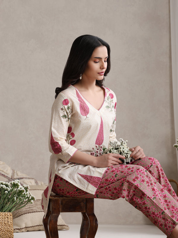 Floral Printed Cotton V-Neck Tunic With Trouser Co-Ords