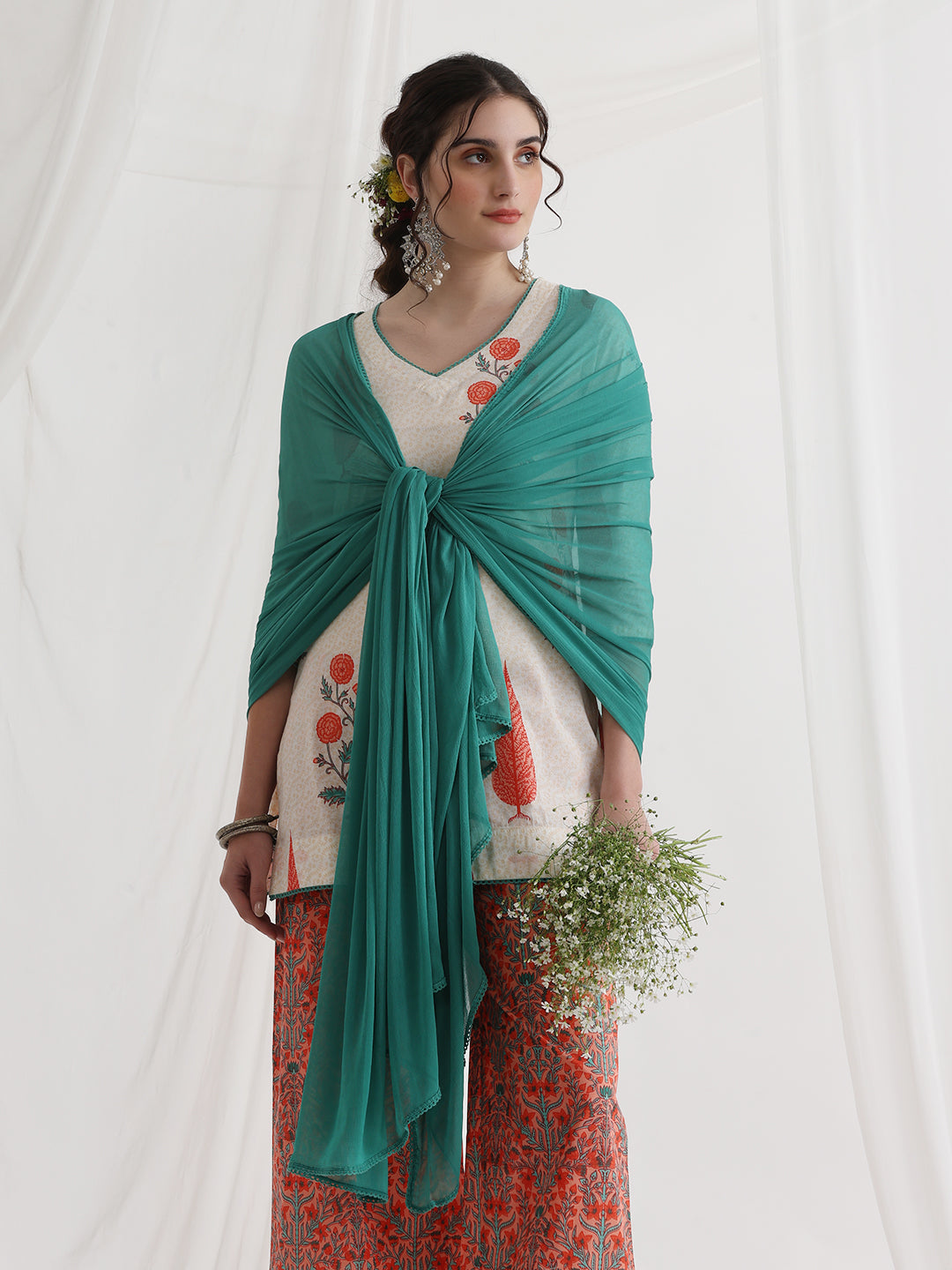 Floral Printed V-Neck Pure Cotton Kurti with Palazzos & Dupatta