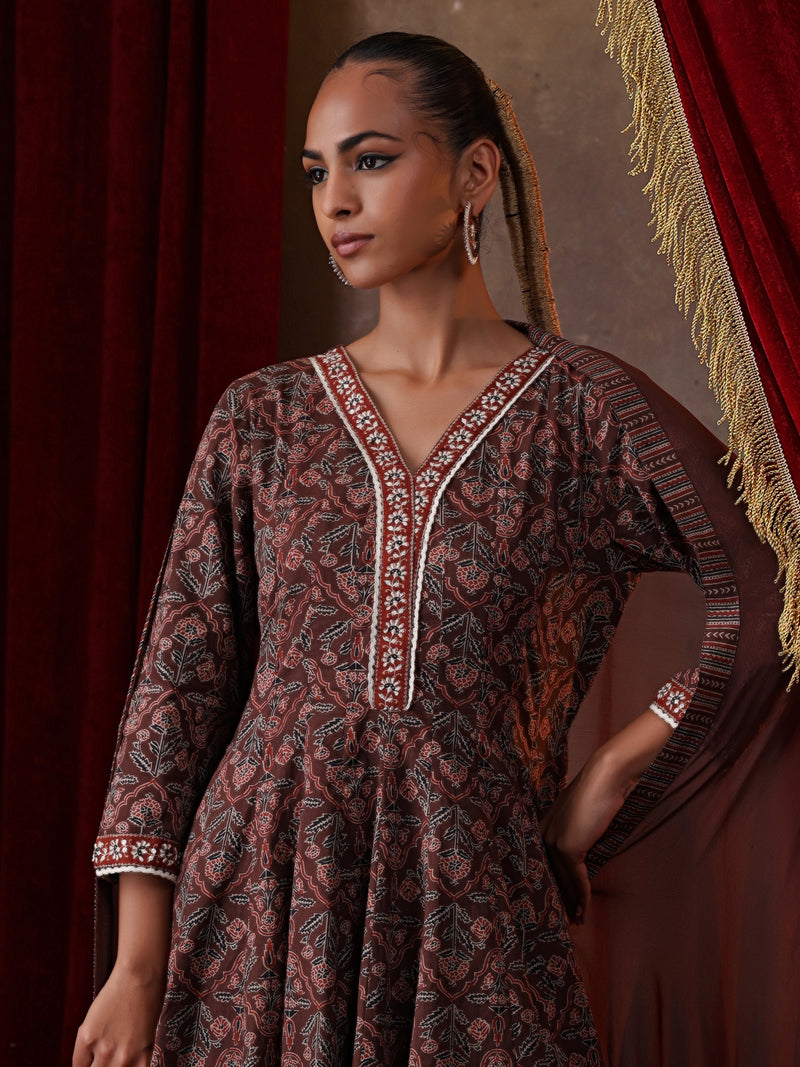 Khushal K Women Cotton kurta and palazzo with dupatta set - Brown