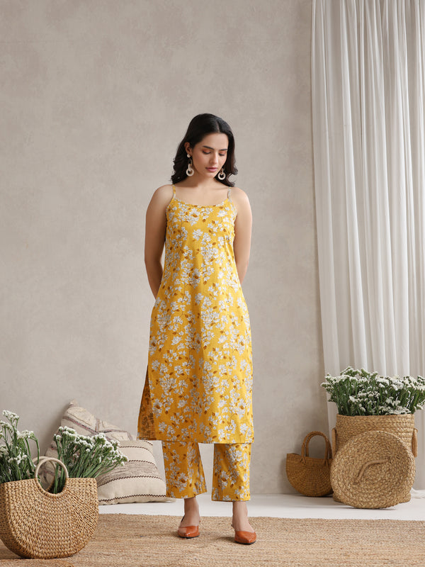 Yellow Floral & Polka Fusion Cotton Cord Set