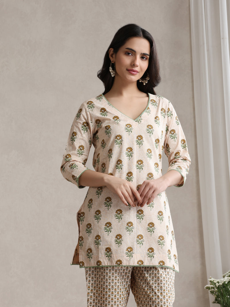 Floral Printed Cotton V-Neck Tunic With Trouser Co-Ords
