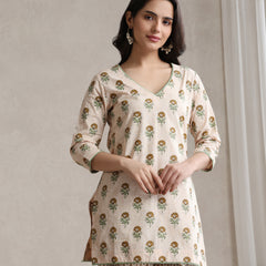 Floral Printed Cotton V-Neck Tunic With Trouser Co-Ords