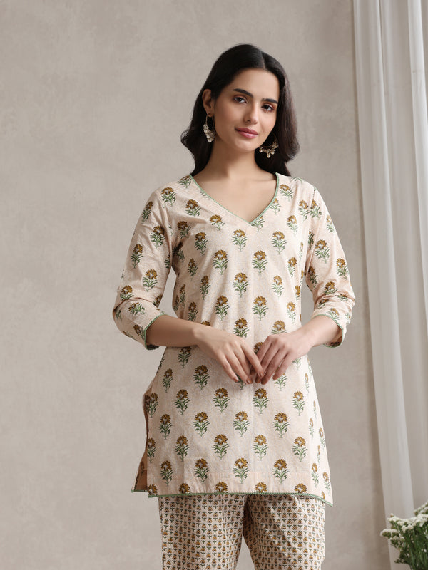 Floral Printed Cotton V-Neck Tunic With Trouser Co-Ords