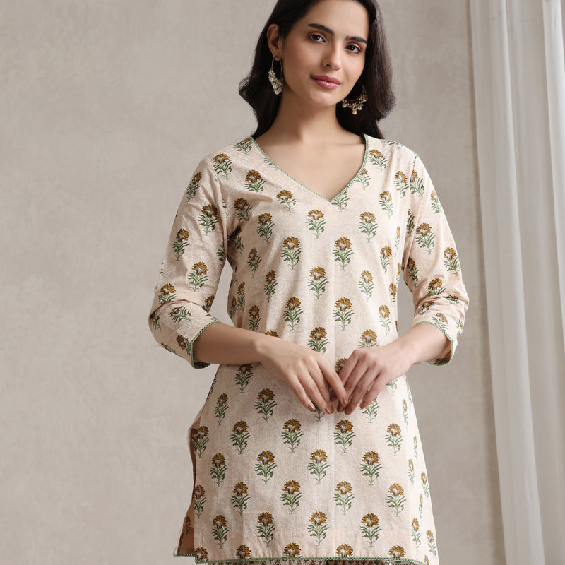 Floral Printed Cotton V-Neck Tunic with Trouser Co-Ords - Cream - Khushal K - Image 4