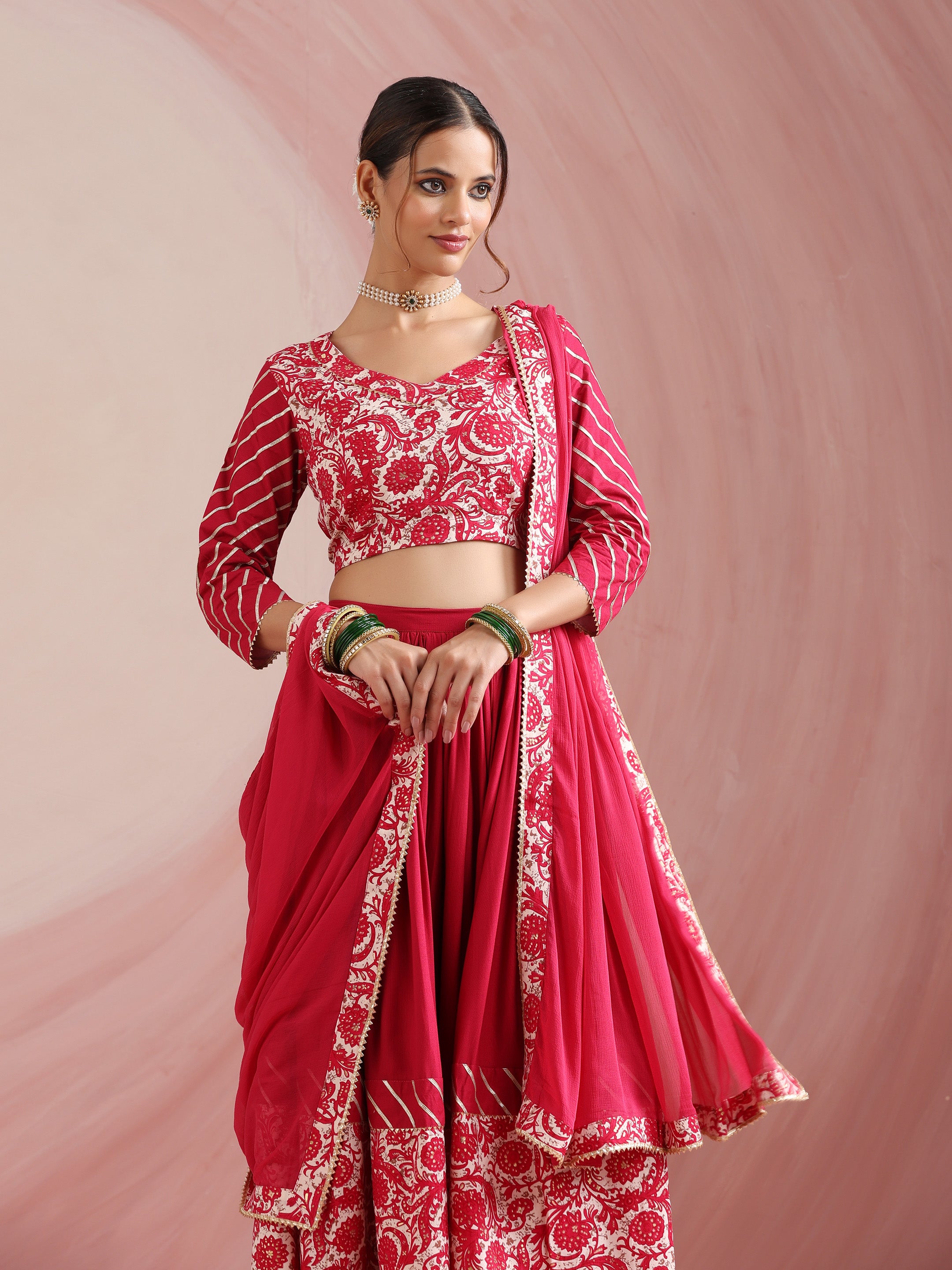 Pink Floral Printed Gotta Patti Ready to Wear Lehenga & Choli With Dupatta